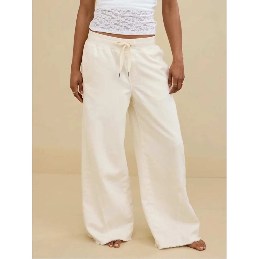 Aerie Soft Landing Wide Leg Pants Cream Drawstring Raw Hem 85% Cotton Coastal XL